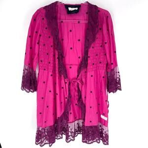 Odd Molly Polka Dot Tie Front Kimono with Lace Trim Magenta Burgundy Size L